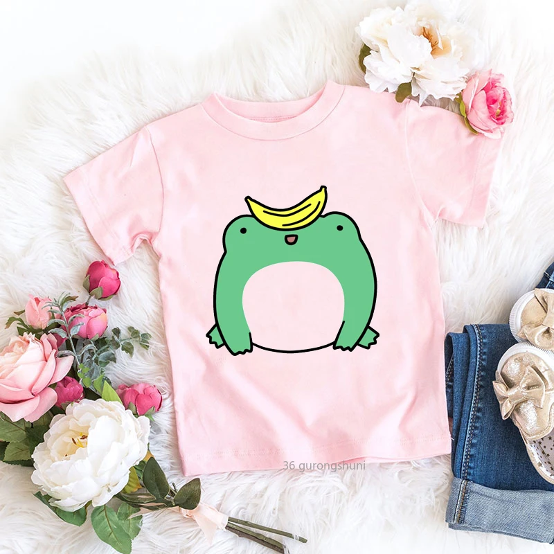 Cute Fruit Frog Cartoon Print Baby T-shirt Pink Tshirt Graphic Girls T Shirt Birthday Clothing Summer Girls Clothing Tops