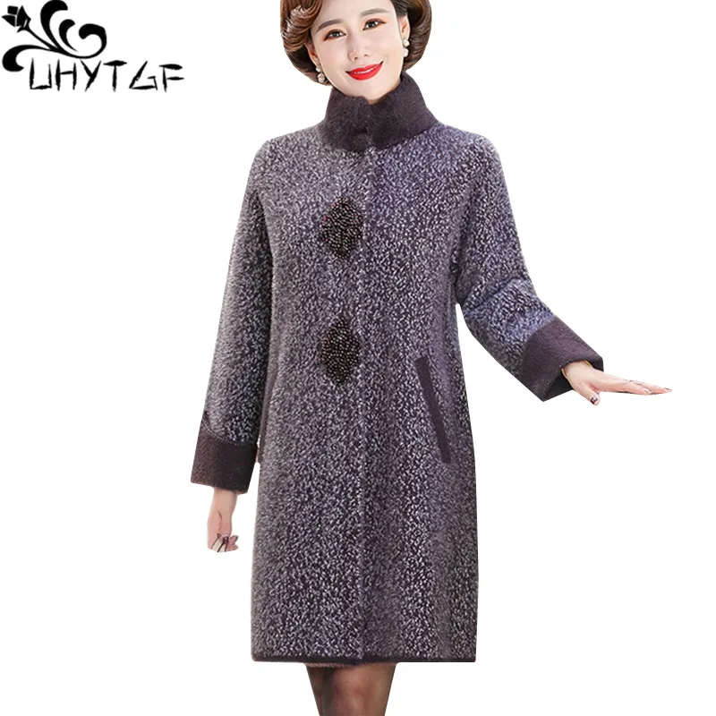 UHYTGF 5XL Big Size Coat Women\'s Quality Mink Fleece Winter Woolen Jacket Elegant Mother Loose Long Outerwear Top Female 1306