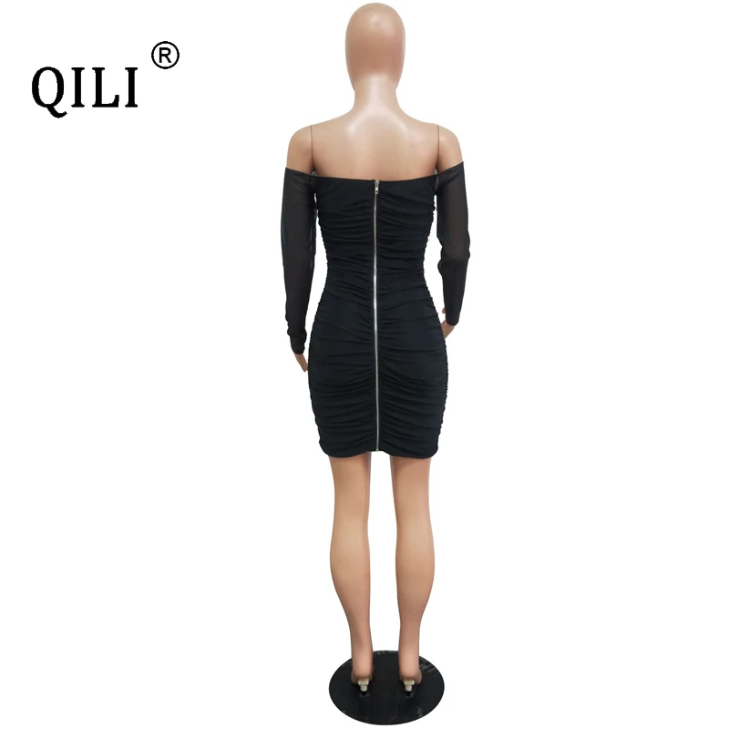 QILI-Women's Off the Shoulder Full Sleeve Bodycon Dress, Sexy, Solid, Party, Club, Autumn