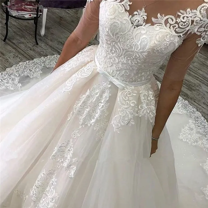 Một Dòng Cổ Tròn Váy Áo Tay Lửng 2020 Ren Táo Đầm Vestido De Noiva Tự Làm Tất Đầm Cô Dâu Với xe Lửa