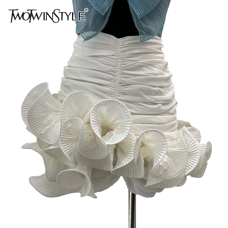 

TWOTWINSTYLE Casual White Skirt For Women High Waist Patchwork Asymmetrical Ruched Mini Skirts Females Summer Fashion 2022 Style