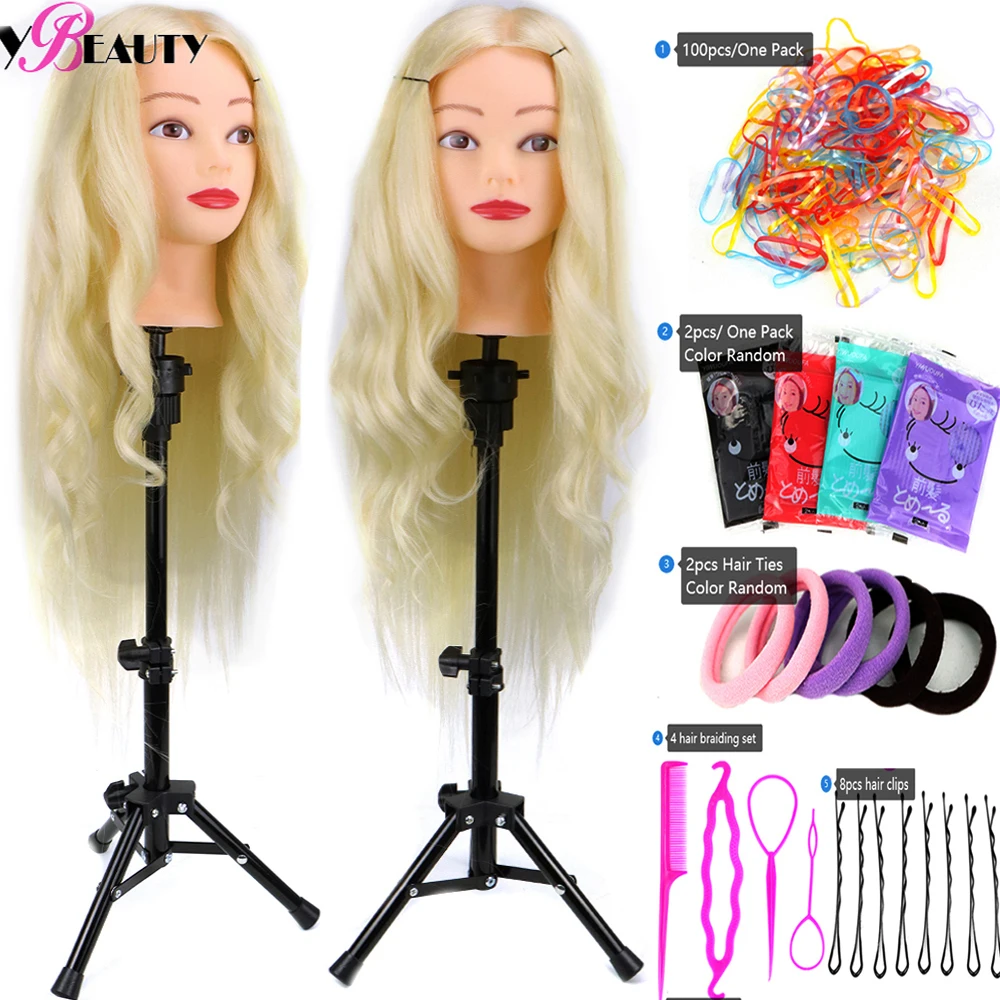 Blonde Mannequin Head With 80% Human Hair For Hairstyles Hairdressing Braiding Training Hairart Barber Dolls Head With Wig Stand