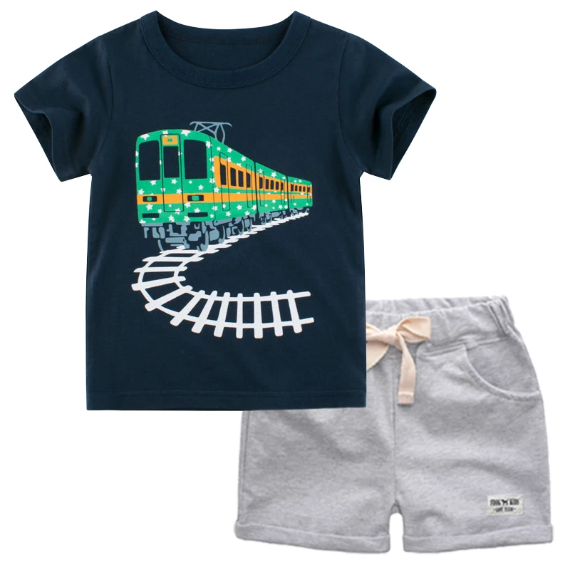 BINIDUCKLING Boys Kid Clothes Set Summer Train Printed Boys Clothing Set Pure Cotton Outfit For Kid Children 2 3 4 5 6 7 years