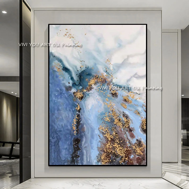 Handmade Abstract Mountain With Ice Minimalist Blue Golden Landscape Oil Painting Large Size Wall Art Canvas Modern Home Decor