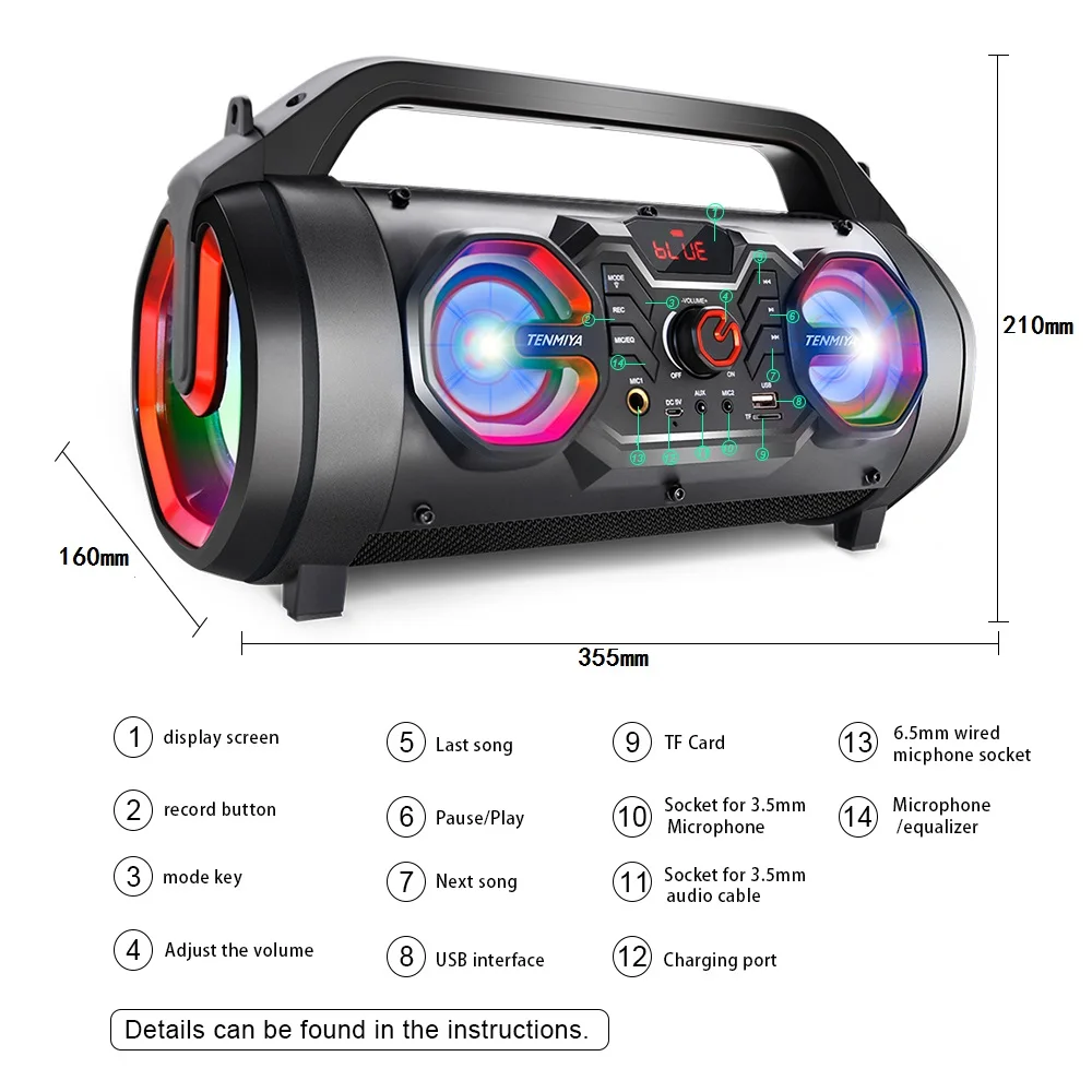 Imagem -06 - Toproad Caixa de Som Portátil Grande com Bluetooth Alto-falante sem Fio Estéreo Subwoofer Suporta Controle Remoto Rádio fm Aux Rgb Light