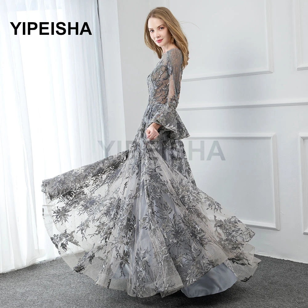 Customized Gray Lace Long Sleeve Evening Dresses Embroidered Crystals Bead Formal Prom Party Gown Custom Size Robe Soirée Mari