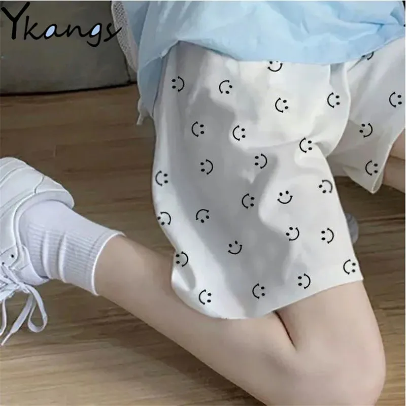 Women's Plus Size Smiley Print Wide-leg Sports Shorts Summer New Ladies High Waist Shorts Are Loose Korean Fashion Casual Shorts