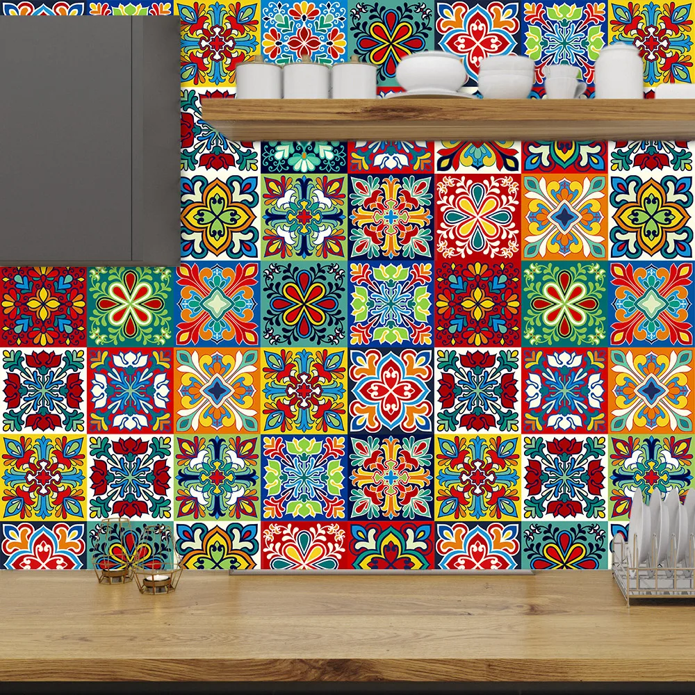 Mexico Style Wall Tile Transfers Stickers Self-adhesive Waterproof Vinyl Wallpaper for Kitchen Bathroom Floor Porch Wall Decor