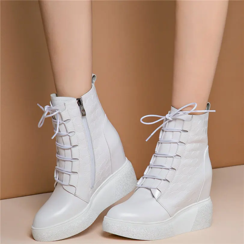 2025 Snow Boots Women Lace Up Genuine Leather High Heel Platform Pumps Female High Top Pointed Toe Fashion Sneakers Casual Shoes