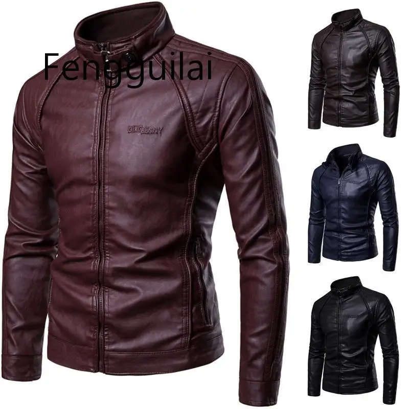 PU Leather Jacket FENGGUILAI Men New Men's Stand-up Collar Fur Coat With Zipper Metal Buttons Decorative Letterpress Leather