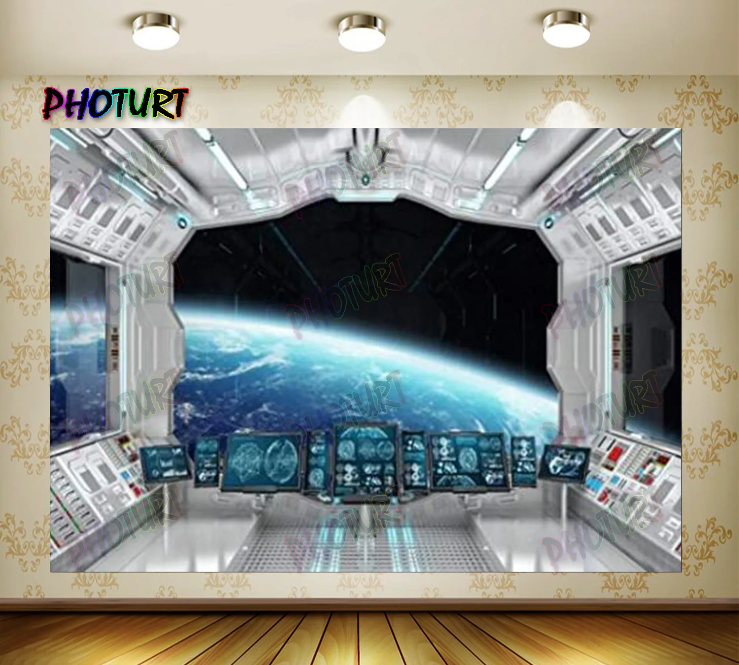 PHOTURT Spaceship Interior Backdrop 3D Universe Workshop Outer Space Travel Science Explore Station Earth Vista Photo Background