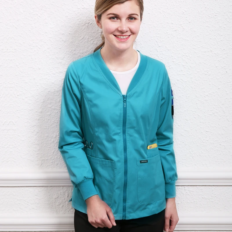 Scrub Jacket Unisex Workwear Outercoat Nurse Working Uniforms Light Weight Knitted Cuffs Zipper Front Tunic 19JK001