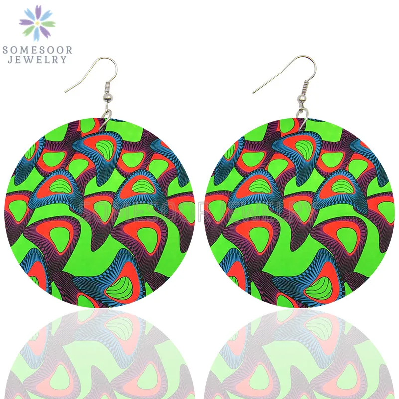 

SOMESOOR Afro Fabric Bohemian Wooden Drop Earrings Both Sides Printed Vintage Women Loops Dangle Jewelry For Christmas Gifts