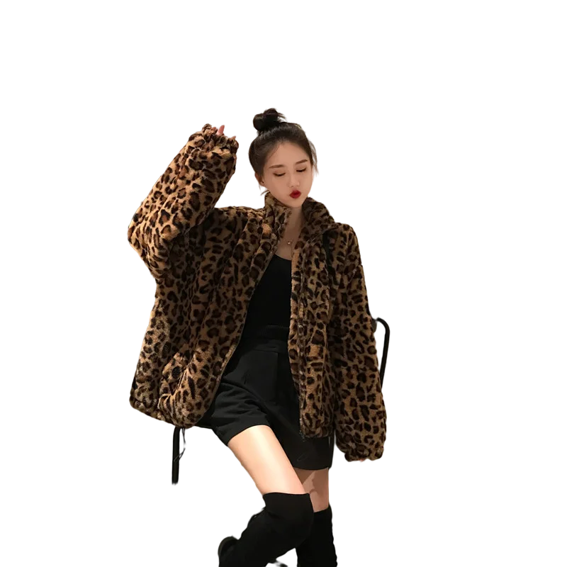 Winter Warm Jacket Women Vintage Leopard Stand Collar Zipper Fuzzy Outwear Lady Loose Faux Mink Fur Plush Top Coat High Street