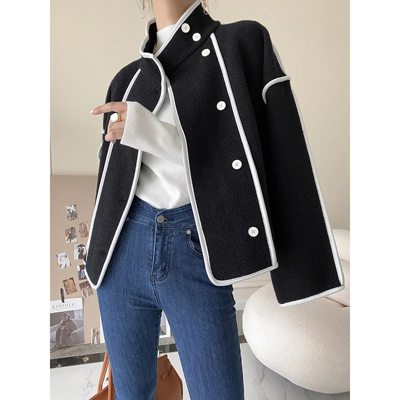 UMI MAO 2023 Spring Autumn Extravagant Pearl Velvet Coat Women\'s Black White Edging Stand Collar Short Jacket Women Clothes Y2K