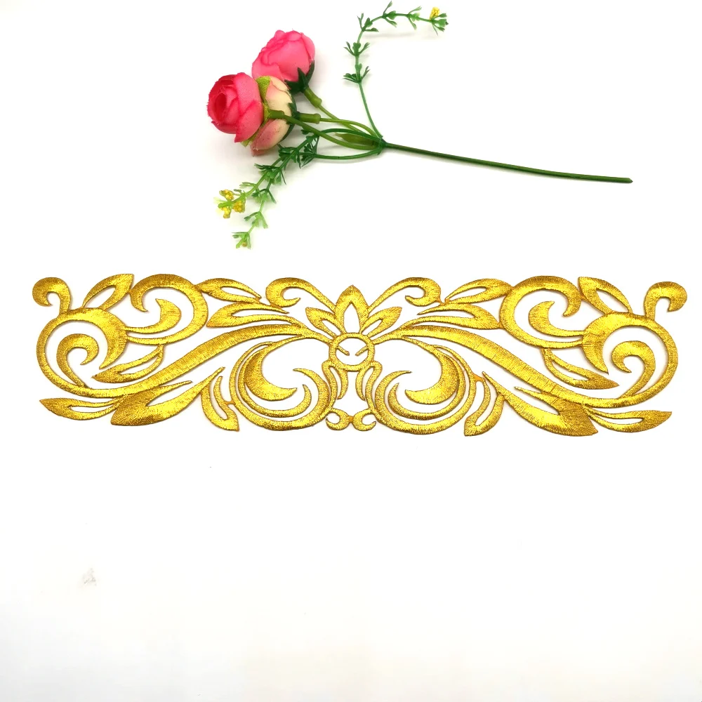 1 Piece Gold Embroidered Patches Iron On Flower Appliques For Garment Diy Trims Shiny Metallic Golden Accessories 27.5*7cm