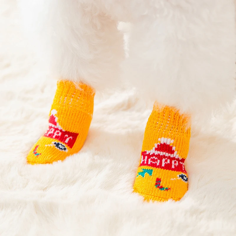 4Pcs Winter Knit Warm Socks for Dogs Thick Printed Socks Anti-Slip Pet Socks Cute Paw Protector Dog Booties Accessories S/M/L