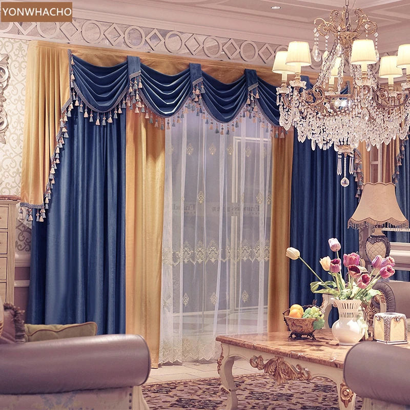 

Custom curtains simple European luxury noble living room thick blue velvet cloth blackout curtain tulle valance drape B770