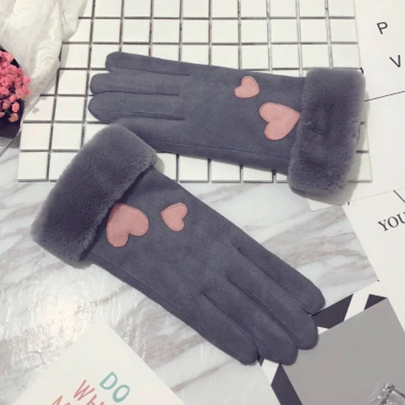 Fashion suede love touch screen gloves winter female outdoor plus velvet thickening refers to driving windproof warm gloves D91