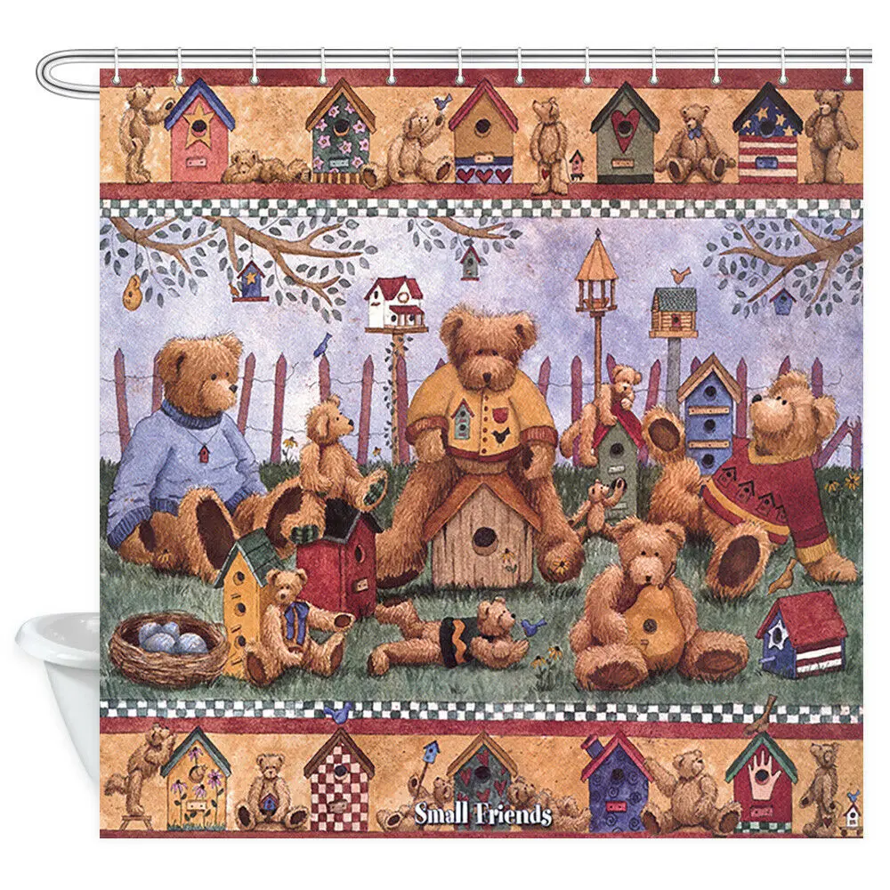 Kids Shower Curtain Retro Cartoon Teddy Bear Bathroom Accessories Decor Sets