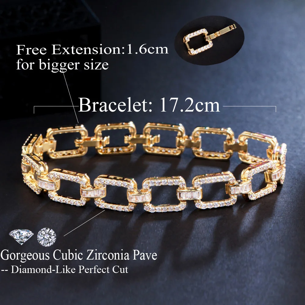 CWWZircons Bling Micro Pave Cubic Zirconia Stone Yellow Gold Color Cuban Link Chain Bracelet for Women New Trendy Jewelry CB278