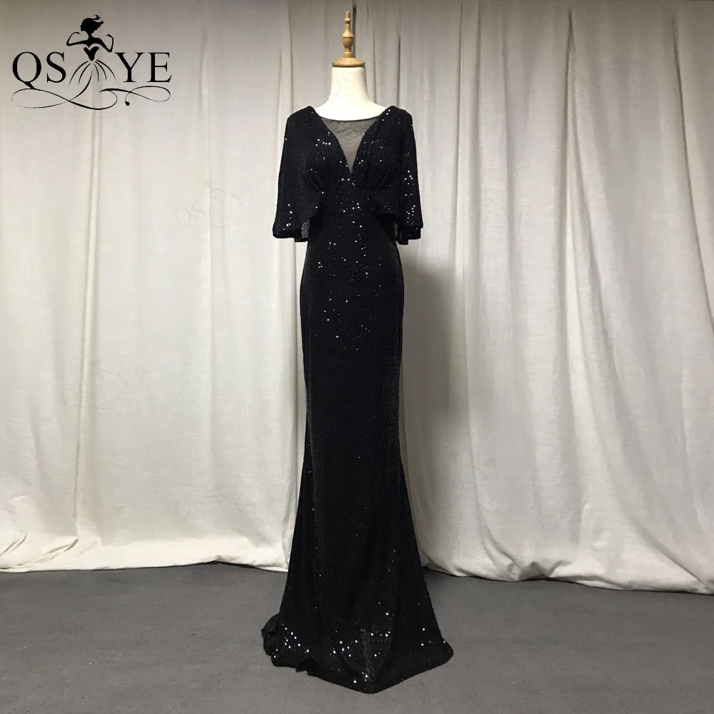 

QSYYE Black Sequin Evening Dresses Mermaid Sexy V Neck Ruched Evening Gown Elegant Glitter Short Bat Sleeves Formal Party Dress