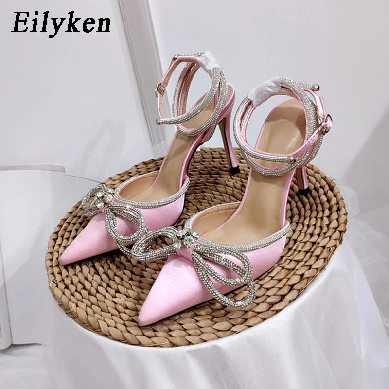 Eilyken Style Glitter Rhinestones Silk Transparent Pumps Women Crystal Bowknot Satin High Heels Party Prom Stripper Shoes