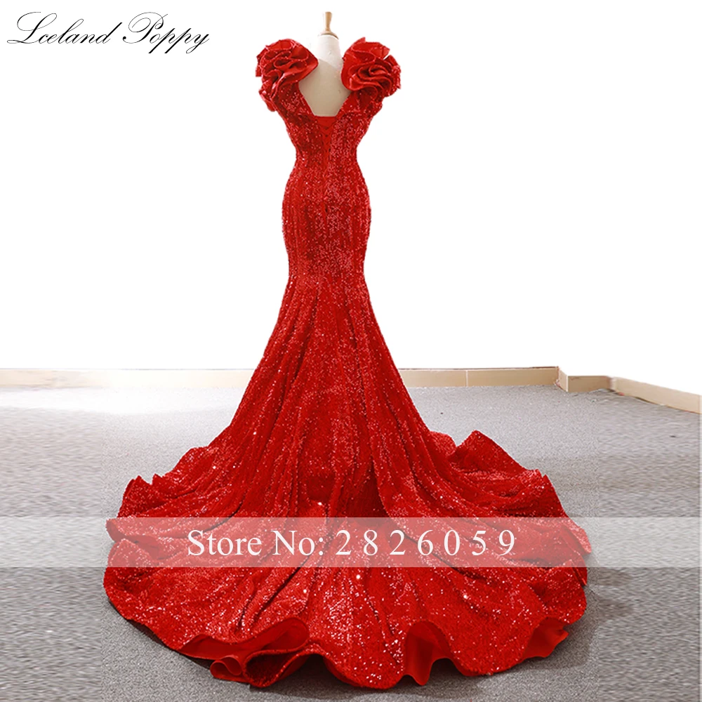 Lceland Poppy Customized Mermaid V Neck Sequined Evening Dresses Sleeveless Floor Length Formal Evening Gowns Sweep Train