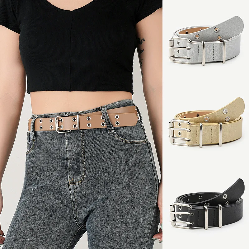 

2021 Faux Leather Belt For Women Punk Double Row Of Holes Grommet Adjustable Buckle Belt Ladies Vintage Strap Waistband, 1 Piece