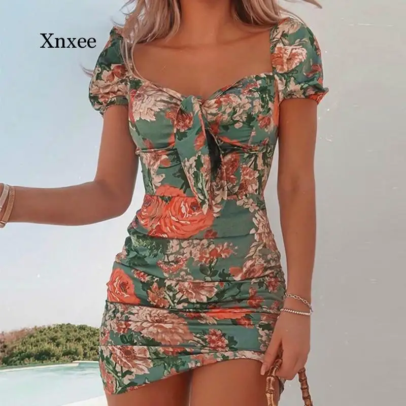 Moda feminina elegante doce floral quadrado pescoço gravata frente vestido mini vestido bodycon