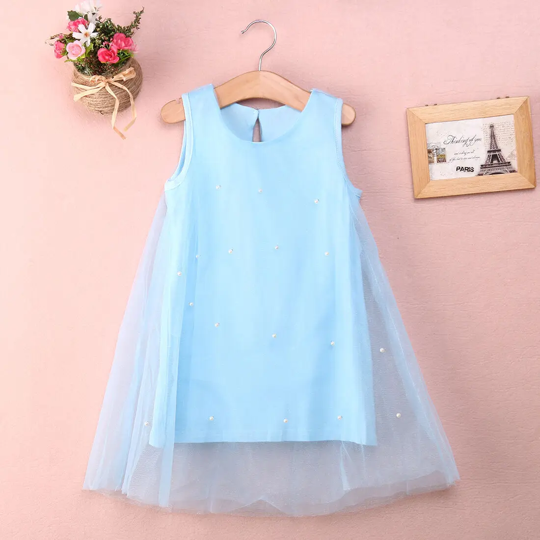 Vestido de princesa infantil, vestido de fadas para meninas, vestido de tule sem mangas com pérolas, vestido de festa casual e de verão, vestido de tule com contas