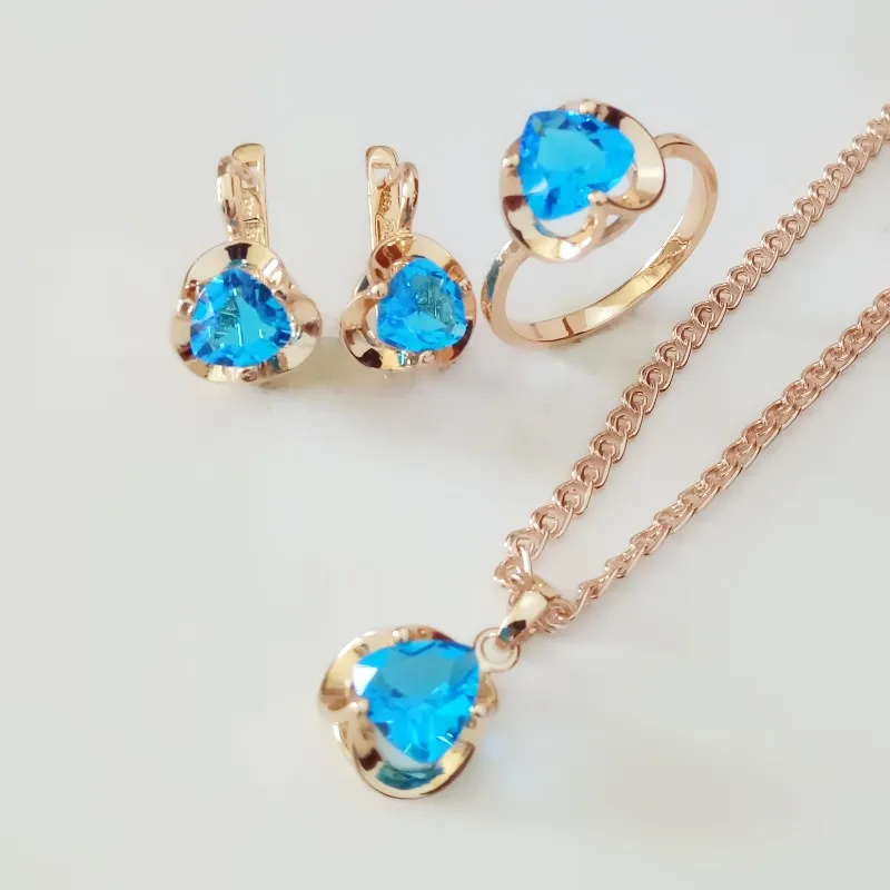 New Fashion Office Style 585 Rose Gold Color Women Jewelry Set Blue Cubic Zirconia Earring/Necklace/Ring Sets