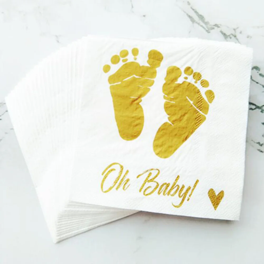 Oh Baby Gold Printing Feet Napkins Paper Napkins Decorations For Kids Gender Reveal Disposable Tableware Party Decoration