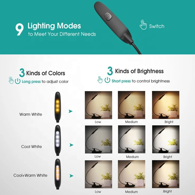 USB Rechargeable Book Light Clip Table Lamp Reading Desk Lamp Wireless Desk Lamp Reading Light LED Night Light Laptop Lamp