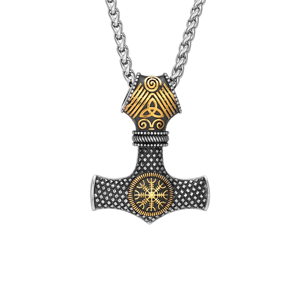 Herren-Halskette aus Edelstahl mit Wikinger-Thor-Hammer-Anhänger, doppelseitiger nordischer Anker-Amulett-Anhänger, skandinavischer Vintage-Schmuck. – Detail 24