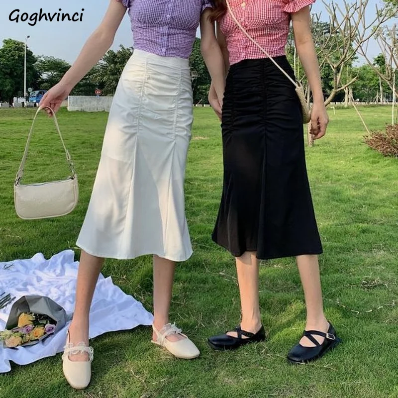 

Summer Slim White Hip Skirts Women Korean Style Empire Gentle Mid-calf Falda Pleated Temperament Ulzzang Lady Streetwear Leisure