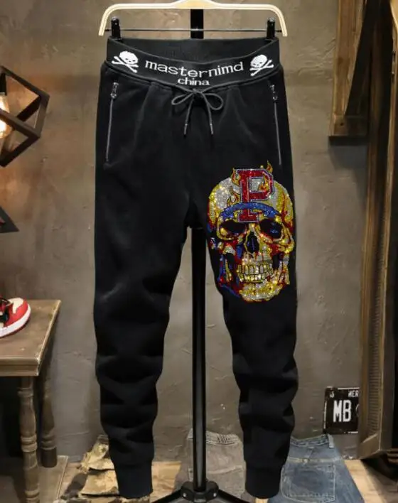 Rhinestones Skull pants Anime Graphic design  Men Fashion Streetwear  pant Slim hot sale trousers