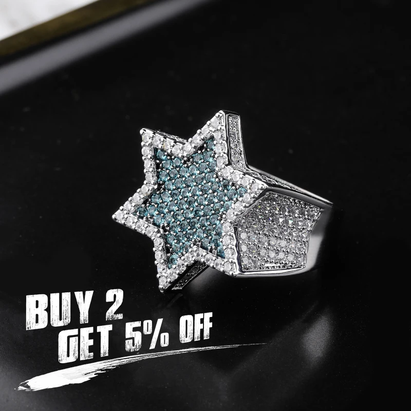 JINAO New STRA Blcak Color Five-pointed Star Ring Micro Paved Big Zircon Shiny Hip Hop Finger Ring for Men Women Gift