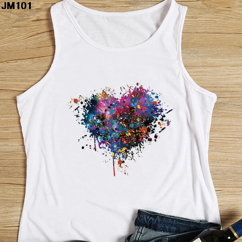 Heart Flower Printed Ladies Camisole Harajuku Casual White Vest Summer Women\'s Love Graphic Tank Tops Fashion Sleeveless T-shirt