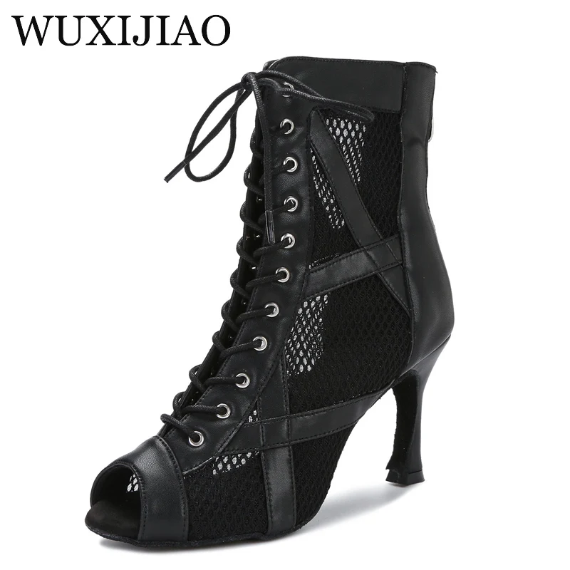 Black Latin Dance Shoes Woman Ladies High Heels Tansparent Mesh Kizomba Bachata Training Stage Performance Party Soft Bottom New