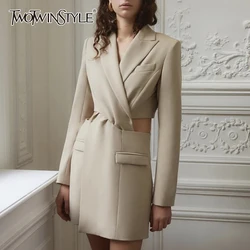 TWOTWINSTYLE Hollow Out Casual Blazer For Women Notched Long Sleeve High Waist Mini Dresses Female Fashion New Clothing 2021