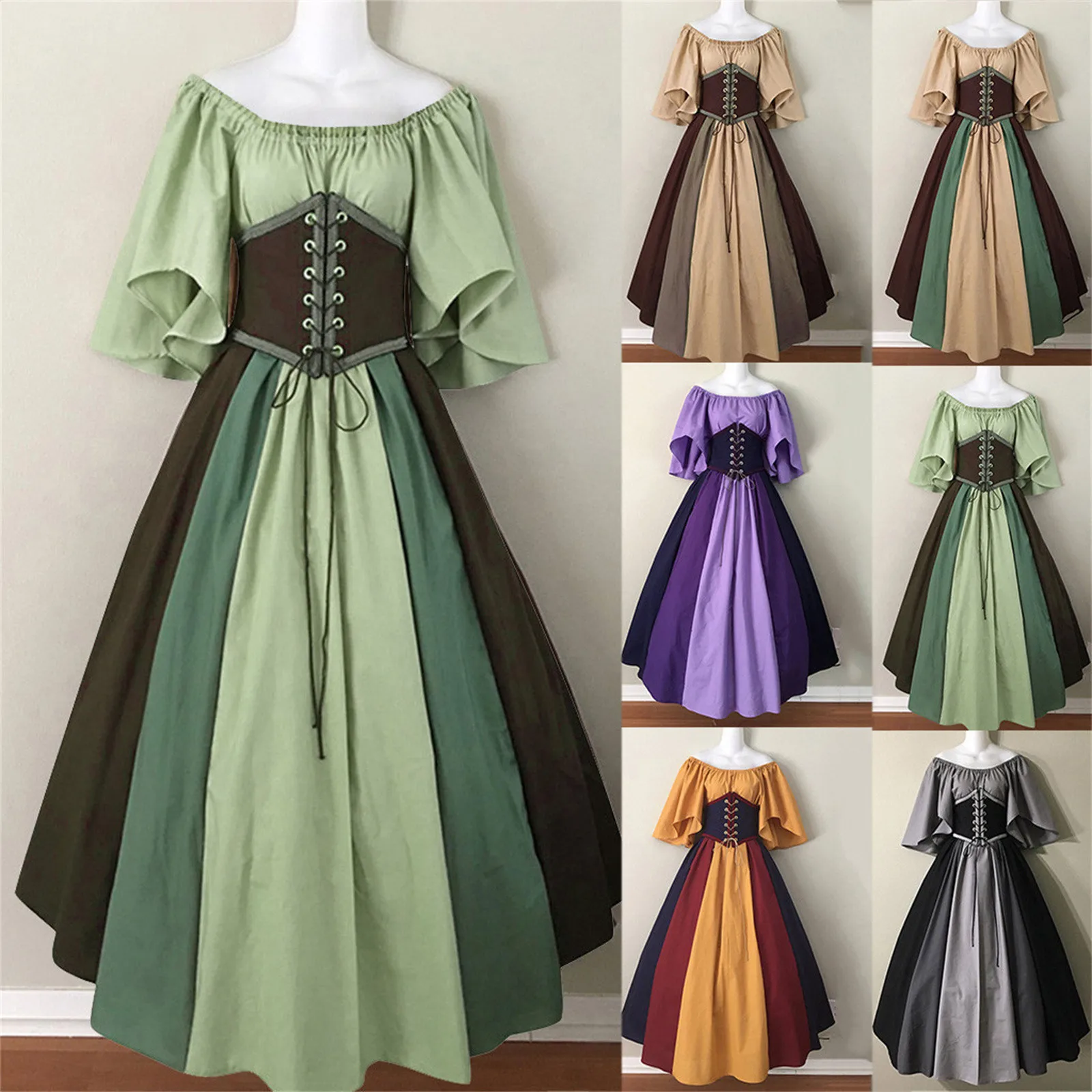 Medieval Vintage Elf Fairy Elven Costume For Women Princess Dress Waist Cincher Corset Tube Top Ruffles Gown Dresses