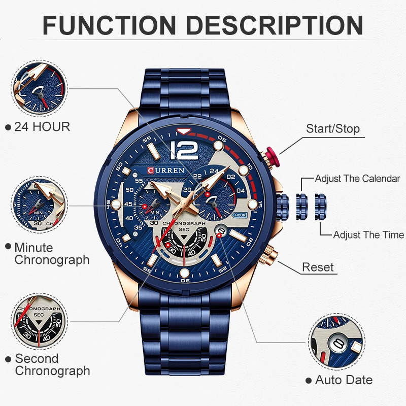 Watches Mens CURREN Top Brand Luxury Casual Steel Quartz Men\'s Watch Business Clock Male Sport Waterproof Date Chronograph