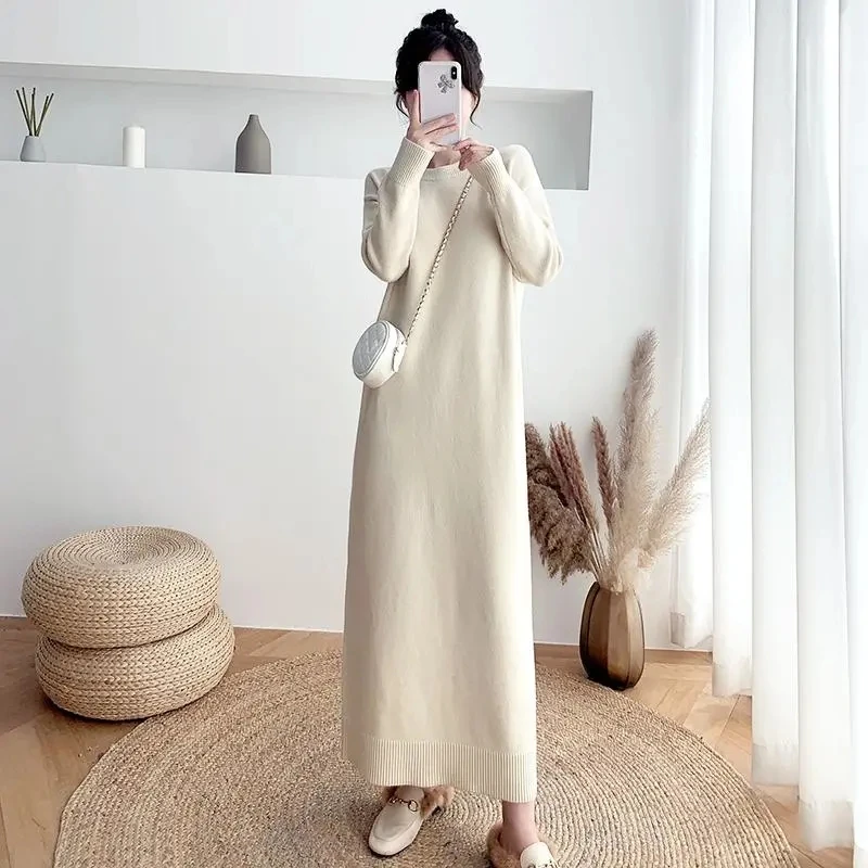 Thick Long Sleeve Knitted Dress Women Korean Fashion Maxi Vestidos Loose Plus Size 80kg Robes Casual Straight Sweater Dresses