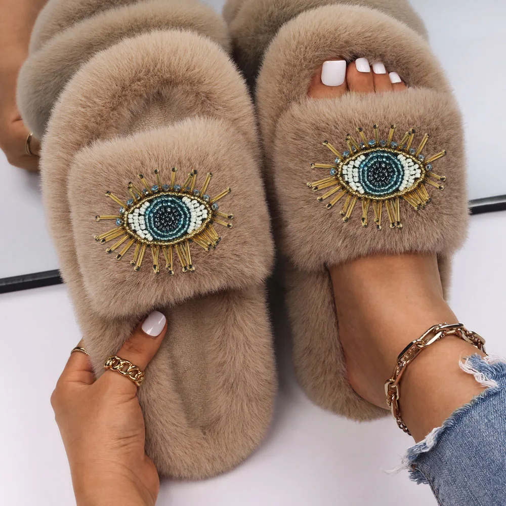 Women Sandals Fuzzy Slides Fashion Eye Decor Fluffy Slippers Luxury Brand High Quality Female Outdoor Casual Shoes Furry Slipper