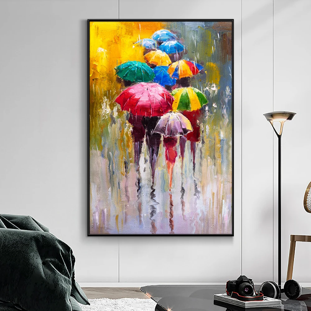 Hand Painted Colorful Umbrella Oil Painting On Canvas Abstract People In The Rain Painting Modern Wall Art for Living Room Decor