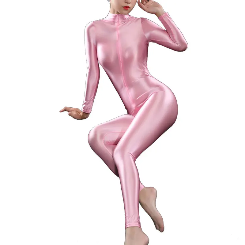 Sexy Women Full Body Bodysuit High Elasitc Clubwear Sheer Smooth Pants Oil Gloosy Sexy Tight Shaping Candy Color F37