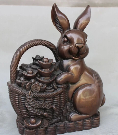 wholesale factory 11" Lucky Chinese Pure Bronze Animals Lovely Rabbit Carry Wealth Treasure Statue 25% off