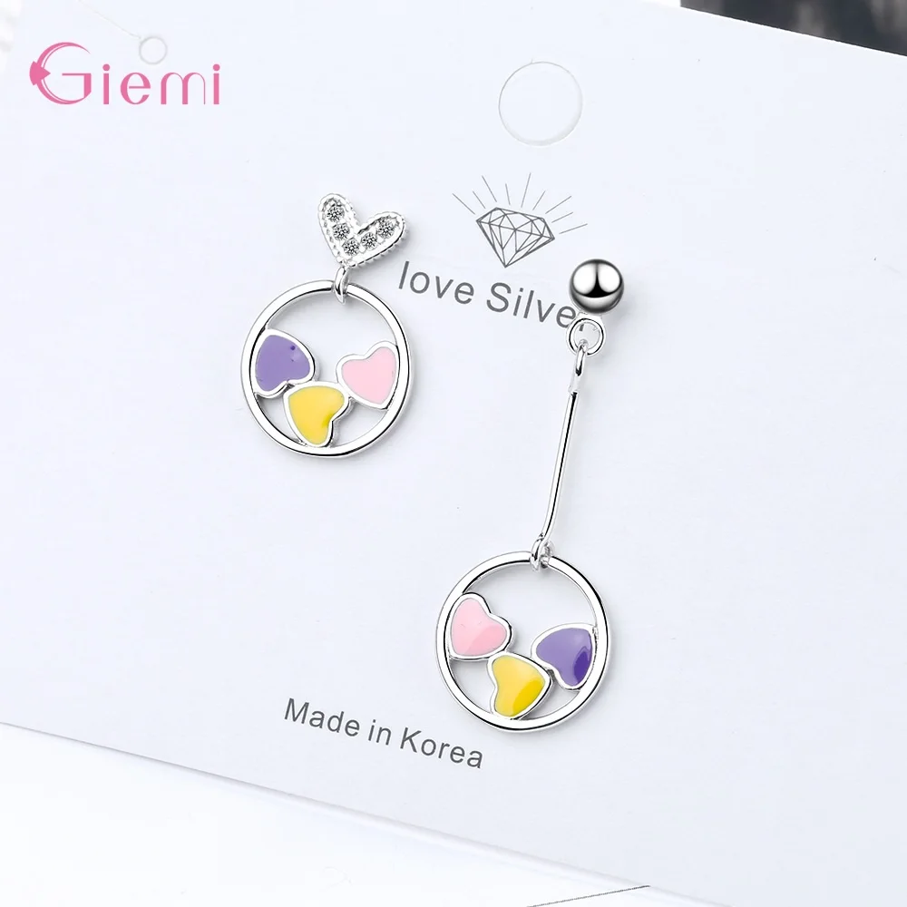 Exquisite Simple Love Heart 925 Sterling Silver Jewelry Asymmetry Temperament Heart Dangle Earrings For Women Girl