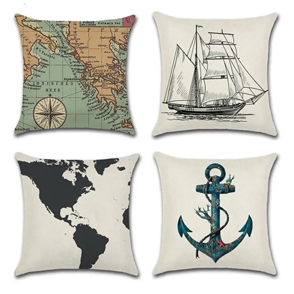 Sea Style Cushion Cover Ship World Map Anchor Linen Decorative Pillowcase For Car Sofa Pillow Case funda de almohada ZT167
